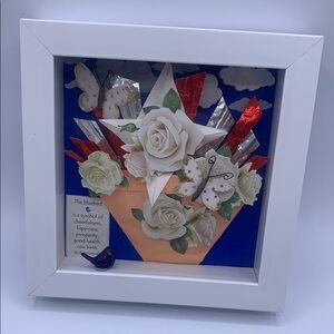 White Shadow Box White Paper Rose & Butterfly Bouquet Blue Bird Symbol
